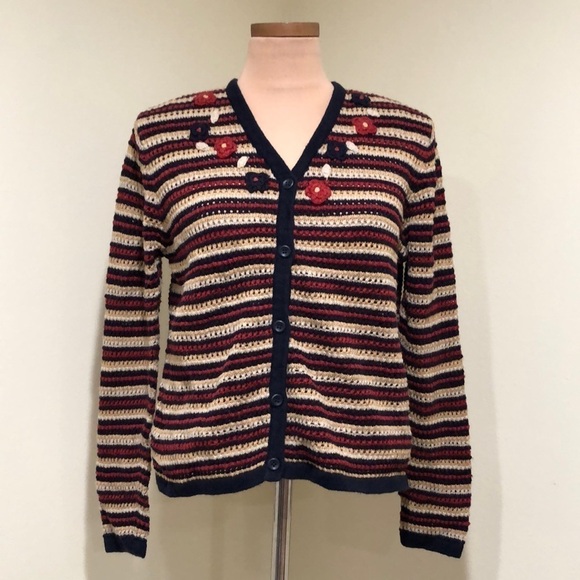 Vintage Cardigan Sweater Size Medium Crochet Navy Blue Tan Red Striped Floral - Picture 2 of 9